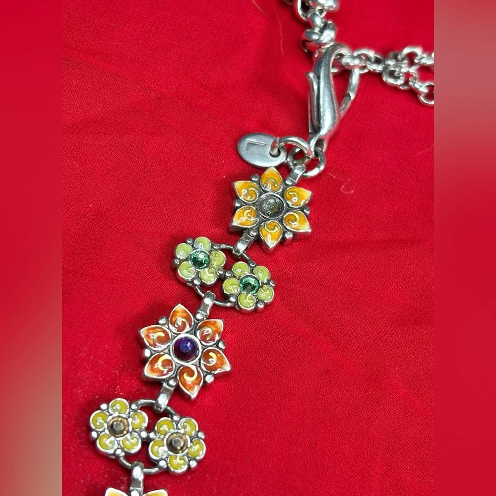 Vintage silver tone floral metal and enamel chain statement belt